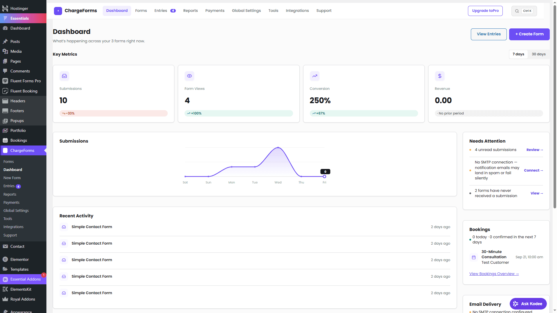 The ChargeForms dashboard, showing key metrics, a Needs Attention panel, and recent activity