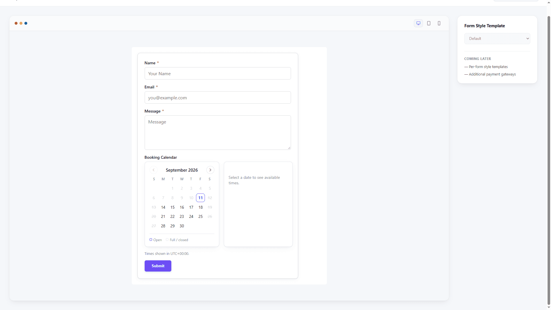 A published ChargeForms form as a visitor actually sees it, with a booking calendar field